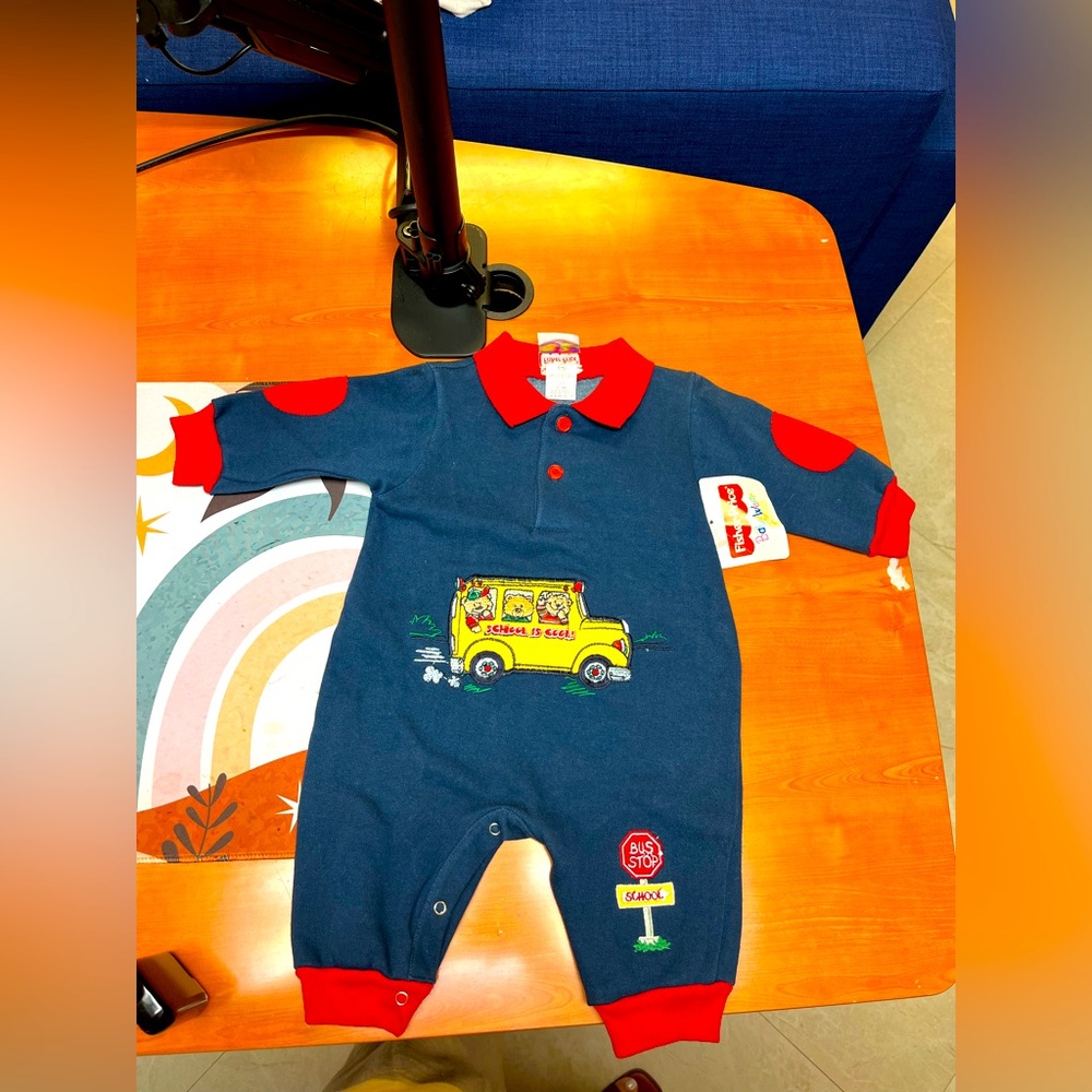 Vintage NWT Fisher Price Baby Wear Romper 6-9 Months School Bus Theme Deadstock